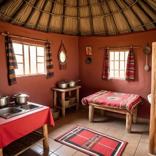 Prompt: A homestay vacation rental with the theme of a massai manyatta  showing cooking area , sitting area, sleeping area bathroom 