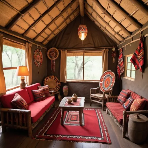 Prompt: A vacation rental cabin massai culture themed