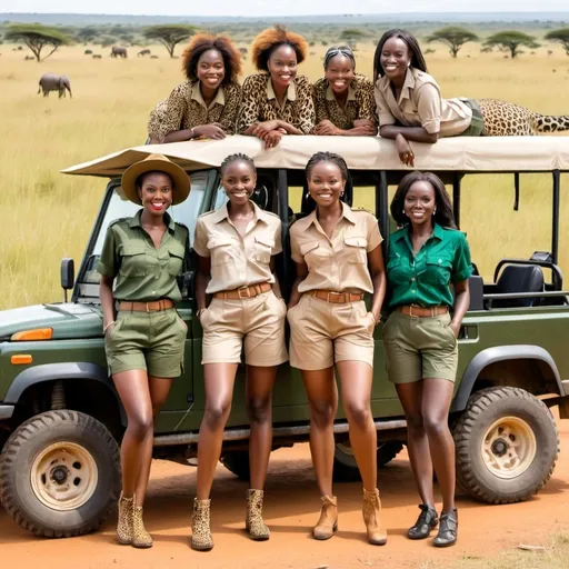 Prompt: 8 African ladies in a safari in Massai Mara wearing either khaki pants ot shorts, jungle green or  animal print outfits leaning on a safari 4 wheel vehicle 