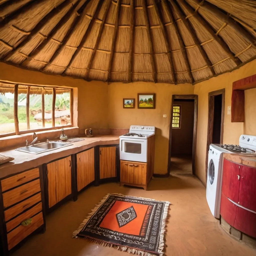 Prompt: A photo of a vacation rental themed in Kikuyu cultural hut show kitchen, bathroom bedroom and sitting room 