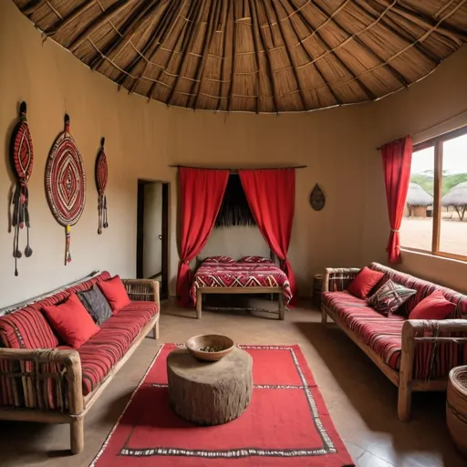 Prompt: A homestay vacation rental with the theme of a massai manyatta 