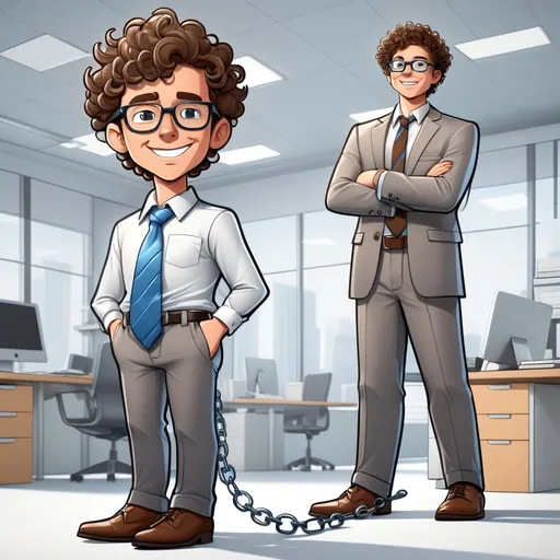 Prompt: Create a highly detailed cartoon-style graphic of a modern office setting with a clean, minimalistic background. In the foreground, show a cheerful young man with curly brown hair, round glasses, a crisp white shirt, a blue tie, gray trousers, and brown shoes. He is tightly bound with shiny metallic chains wrapping around his shoulders, arms, torso, and legs, but he smiles optimistically. Next to him, position a tall, stern manager wearing a dark gray suit and a dark red tie, standing confidently with arms crossed, exuding authority and control. The background features wooden desks, computers, and seated employees working, with soft hanging lights and subtle white-gray tones. Use vibrant colors, focusing on red and yellow accents, and precise details for the chains and characters to emphasize the constraints and dynamic contrast in emotions.