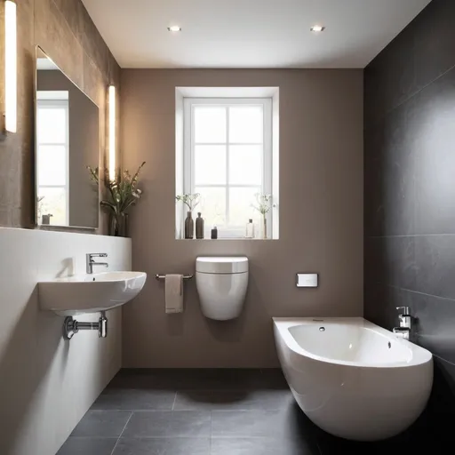 Prompt: A luxury bathroom with wallhung cistern adm a lady is using the toilet