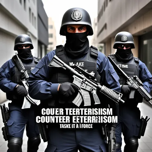 Prompt: Make me a Bunch of counter terrorism  people standing with guns and make the word above them say: Counter Terrorism Taskforce. and make it look like a title