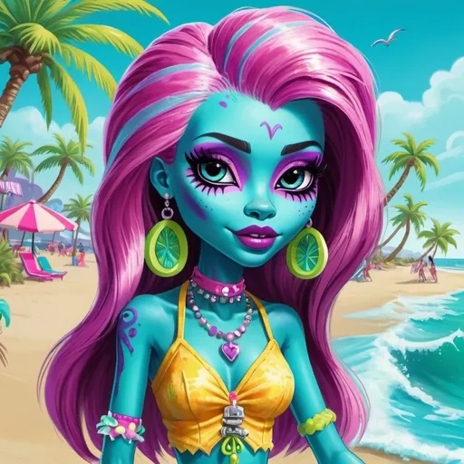 Prompt: Monster high ghoul chilling on the world's most beautiful beach, vibrant and colorful digital painting, high quality, detailed monster design, playful and whimsical, tropical paradise setting, crystal-clear turquoise waters, lush palm trees, golden sandy beach, playful monster, cool and refreshing sea breeze, vibrant color palette, professional digital painting, tropical, detailed fur/scales, bright and sunny lighting, beach vibes with a lot of monster features and details 