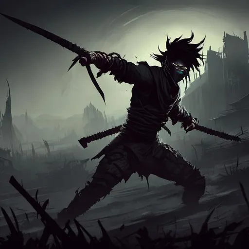 Prompt: The image would ideally be rich and visually interesting. You may want to include an image of your Kenshi thief character surrounded by shadows and mystery. Consider adding elements of stealthy movement, thief tools like a dagger or grappling hook. The background could emphasize the post-apocalyptic landscape or a cityscape in the style of Kenshi.

Use contrasting colors to make the image more expressive. Add text with the stream title, your username, and the date/time of the stream. You can use a font style that reflects the game's theme to create a cohesive style.