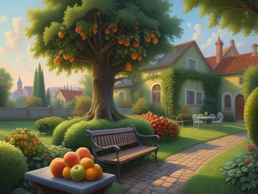 Prompt: a painting of a garden with a  a tree in the background and a garden with a bench and fruit, Evgeny Lushpin, folk art, highly detailed digital painting, a detailed matte painting