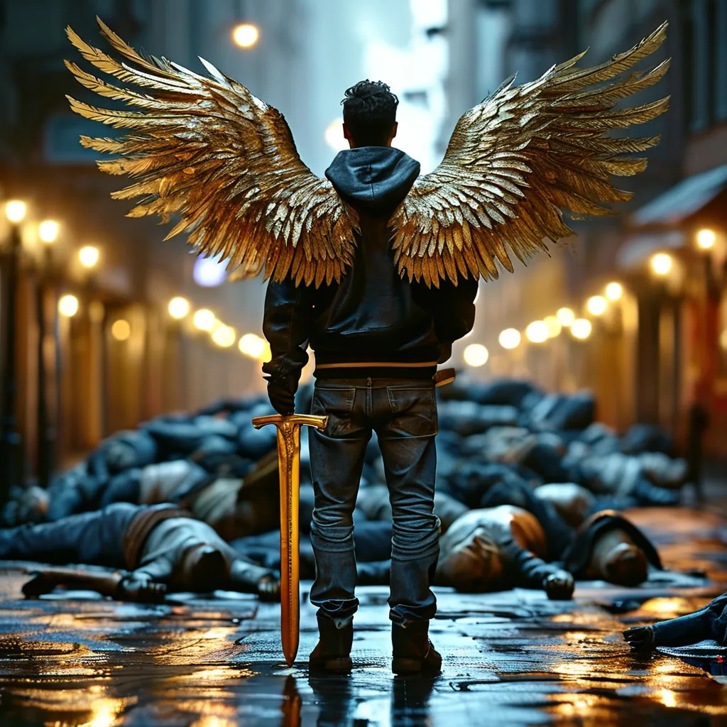 Prompt: Seen from behind from mid-back to his shoes, a man stands wearing jeans and sweatshirt with one set of large angel wings protruding from his back, holds a gold sword in his right hand. In the distance, seen through his legs, a pile of lifeless bodies lies prone in a dead end alleyway in a pool of blood. It's nighttime, but lit by streetlight.