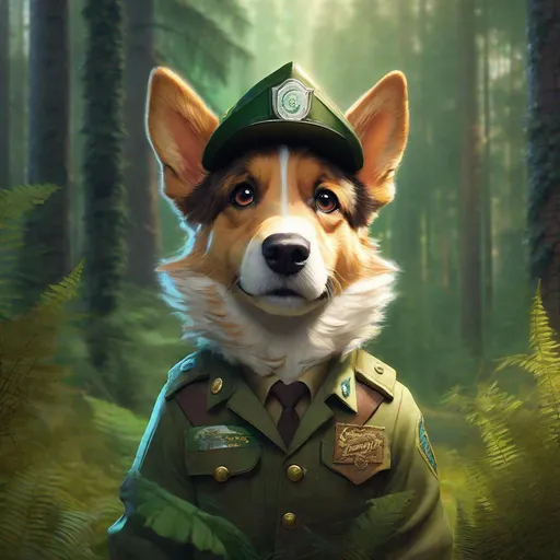 Prompt: Portrait of An adorable dog dressed as a forest park ranger by CGSociety and Carne Griffiths and Pixar, fun forest background, Lou Xaz