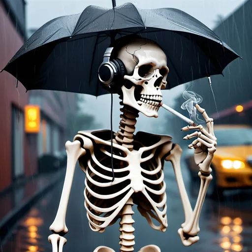 Prompt: A skeleton smoking cigarette while having headphones on under rain