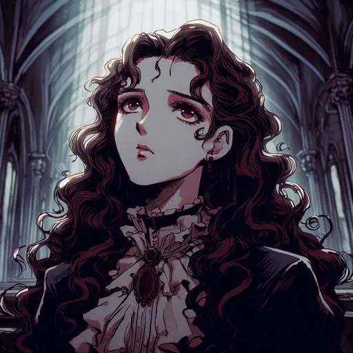 Prompt: a beautiful young woman, castlevania style, gothic style, ghibli studio style, inside of a church looking up, sad expression, long curly hair, 90s anime, 80s anime, dark colors, berserk style, vampire Hunter d style, anime screencap, bloodborne