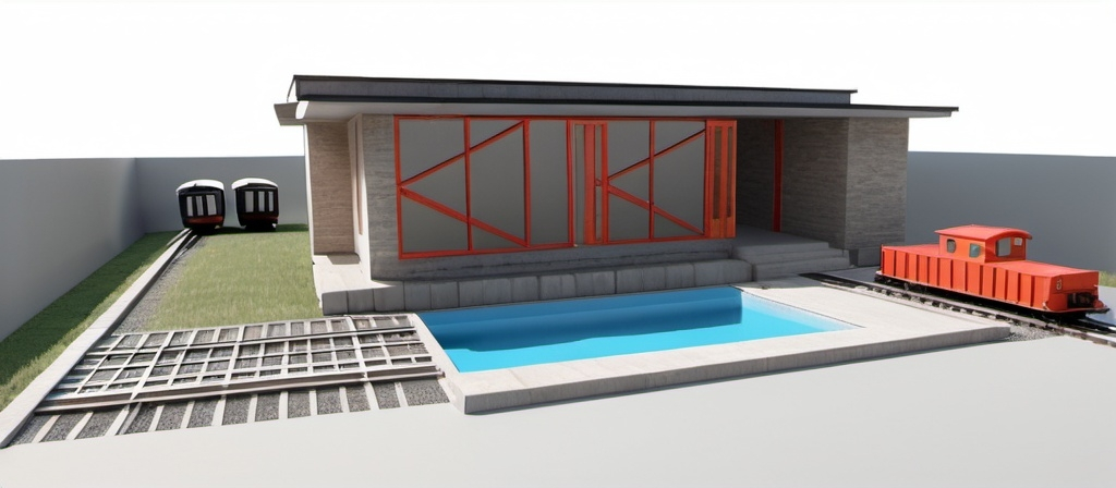 Prompt: a 3d rendering of a house with a pool and a train track in the background and a train track in the foreground, Donald Judd, modular constructivism, isometric view, a digital rendering