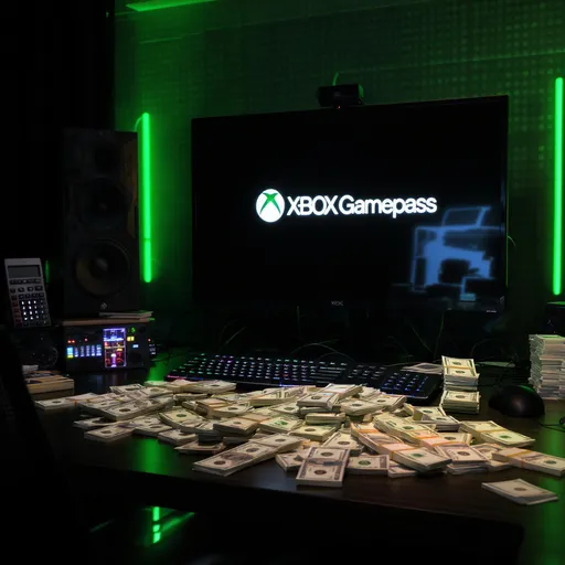 Prompt: Wygeneruj mi obraz studia które zarabia dużo pieniędzy, gotówka leży na stole, studio jest mocno doinwestowane, widać na monitorze napis: "Xbox Gamepass" Dodaj oświetlenie led najlepiej caly obraz w jakimś czarno zielonym  kolorze