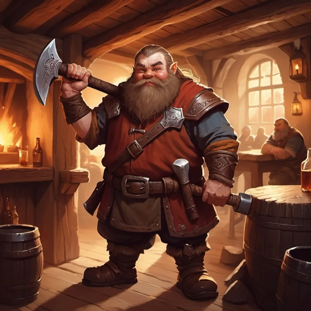 Prompt: dwarf character holding an axe in a tavern , fantasy character art, illustration, dnd, warm tone