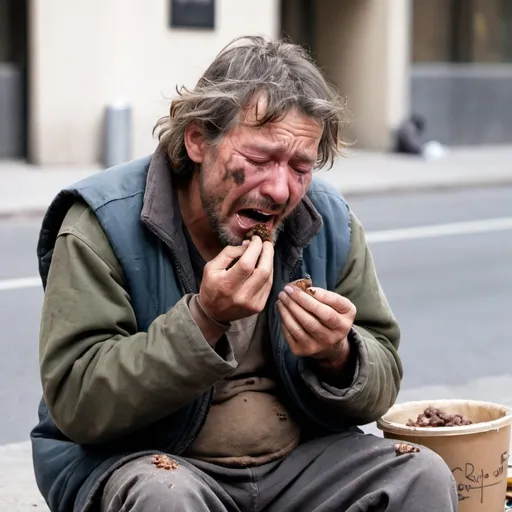 Prompt: A homeless guy eating poop and crying