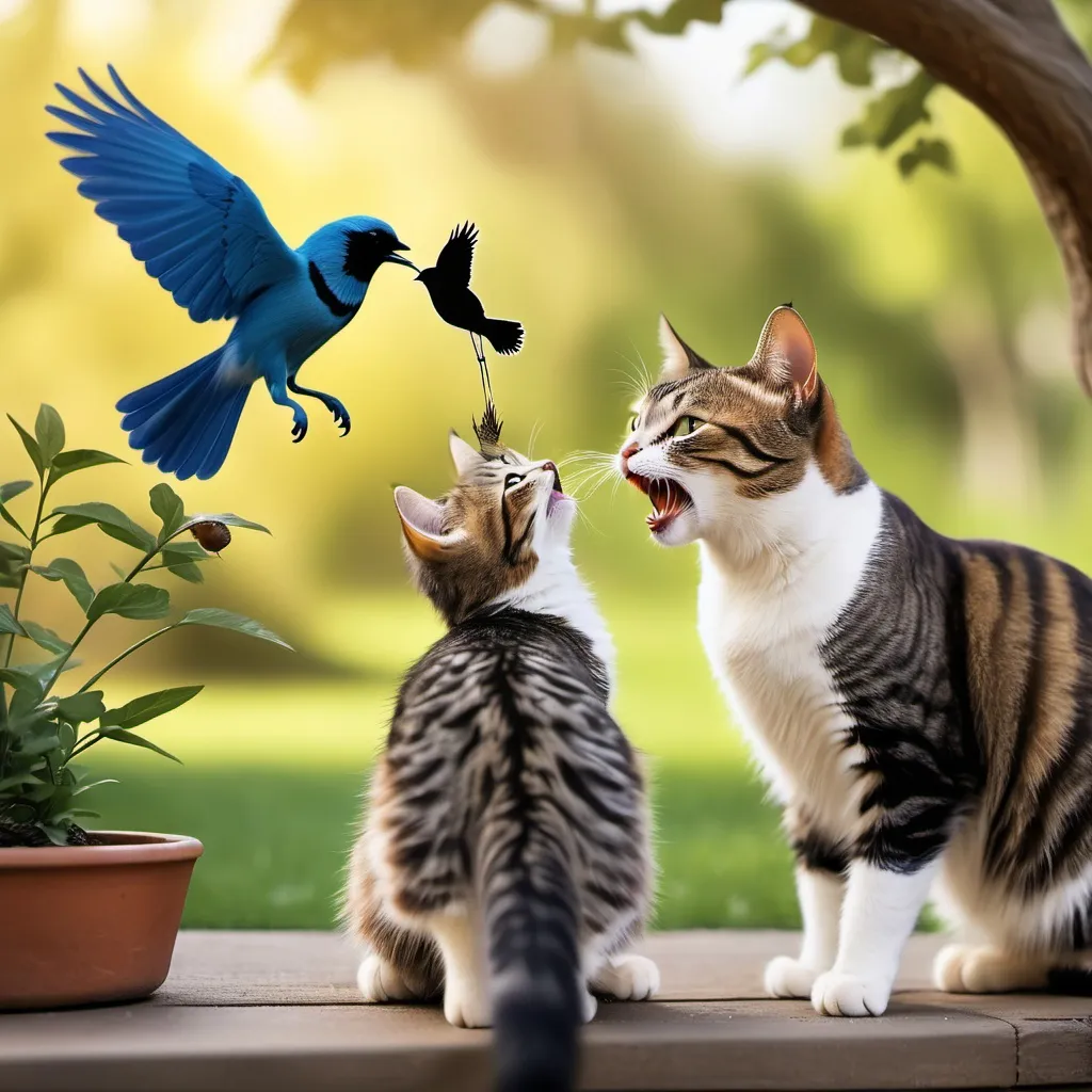 Prompt: Here is an image of a playful cat interacting with a bird in a peaceful outdoor setting. Let me know if you'd like any adjustments!