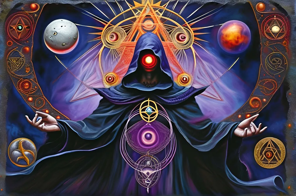 Prompt: dark messenger , alex gray, red purple , runic, sacred geometry, planets Occult hooded leader casting runic spell on moons/planets, aurora, meditative ,seed,  teleports, dark fantasy, neuters and tendons,