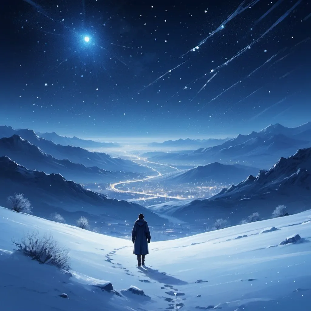 Prompt: Sparkling starlit night, snow-covered landscape, lone figure walking, distant city lights, vast open sky, constellations above, deep blue hues, icy white snow, serene and peaceful atmosphere, introspective mood, self-discovery journey, digital painting, high resolution, detailed snowflakes, cool color palette, soft moonlight, no figures besides the main character.