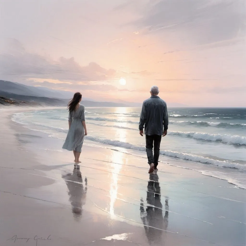 Prompt: Man walking along serene shore, woman gazing out window, sunrise lighting, reflective atmosphere, emotional connection, solitude, contemplation, ocean view, sandy beach, soft pastel colors, gentle waves, distant horizon, morning tranquility, introspective mood, deep emotions, storytelling composition, digital painting, realistic style, high detail, emotional depth, by Jeremy Mann and Agnes Cecile, Artstation.