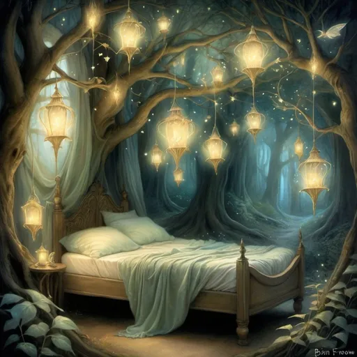 Prompt: Twinkling stardust bed, ethereal glow, intricate elflocks, mystical forest setting, whimsical fairyland, dancing leaves, enchanting will o' the wisp, friar's lantern, magical ambiance, fantasy illustration, detailed and dreamy, soft pastel colors, warm and inviting lighting, by Brian Froud and Amy Brown, DeviantArt. Special attention to eyes  Try
