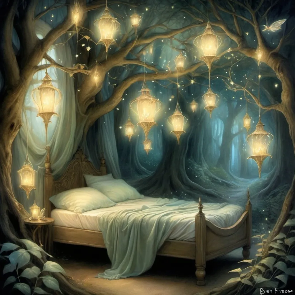 Prompt: Twinkling stardust bed, ethereal glow, intricate elflocks, mystical forest setting, whimsical fairyland, dancing leaves, enchanting will o' the wisp, friar's lantern, magical ambiance, fantasy illustration, detailed and dreamy, soft pastel colors, warm and inviting lighting, by Brian Froud and Amy Brown, DeviantArt. Special attention to eyes  Try
