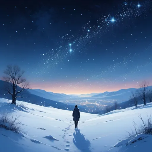 Prompt: Sparkling starlit night, snow-covered landscape, lone figure walking, distant city lights, vast open sky, constellations above, deep blue hues, icy white snow, serene and peaceful atmosphere, introspective mood, self-discovery journey, digital painting, high resolution, detailed snowflakes, cool color palette, soft moonlight, no figures besides the main character.