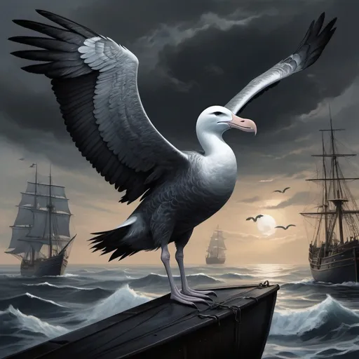 Prompt: Majestic albatross fantasy creature, smoky gray feathers, shadow-like wings, harbinger of doom, bearer of woe, eyes gleaming with wisdom and malevolence, haunting aura, sea and ship backdrop, terrified sailors, storybook illustration, enchanting and melancholic, tragic narrative, detailed digital artwork, acrylic painting inspiration, pencil sketch style, dark and mysterious color palette, eerie lighting effects, fantasy realism, emotional depth, ArtStation showcase.