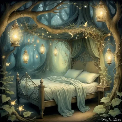 Prompt: Twinkling stardust bed, ethereal glow, intricate elflocks, mystical forest setting, whimsical fairyland, dancing leaves, enchanting will o' the wisp, friar's lantern, magical ambiance, fantasy illustration, detailed and dreamy, soft pastel colors, warm and inviting lighting, by Brian Froud and Amy Brown, DeviantArt. Special attention to eyes  Try
