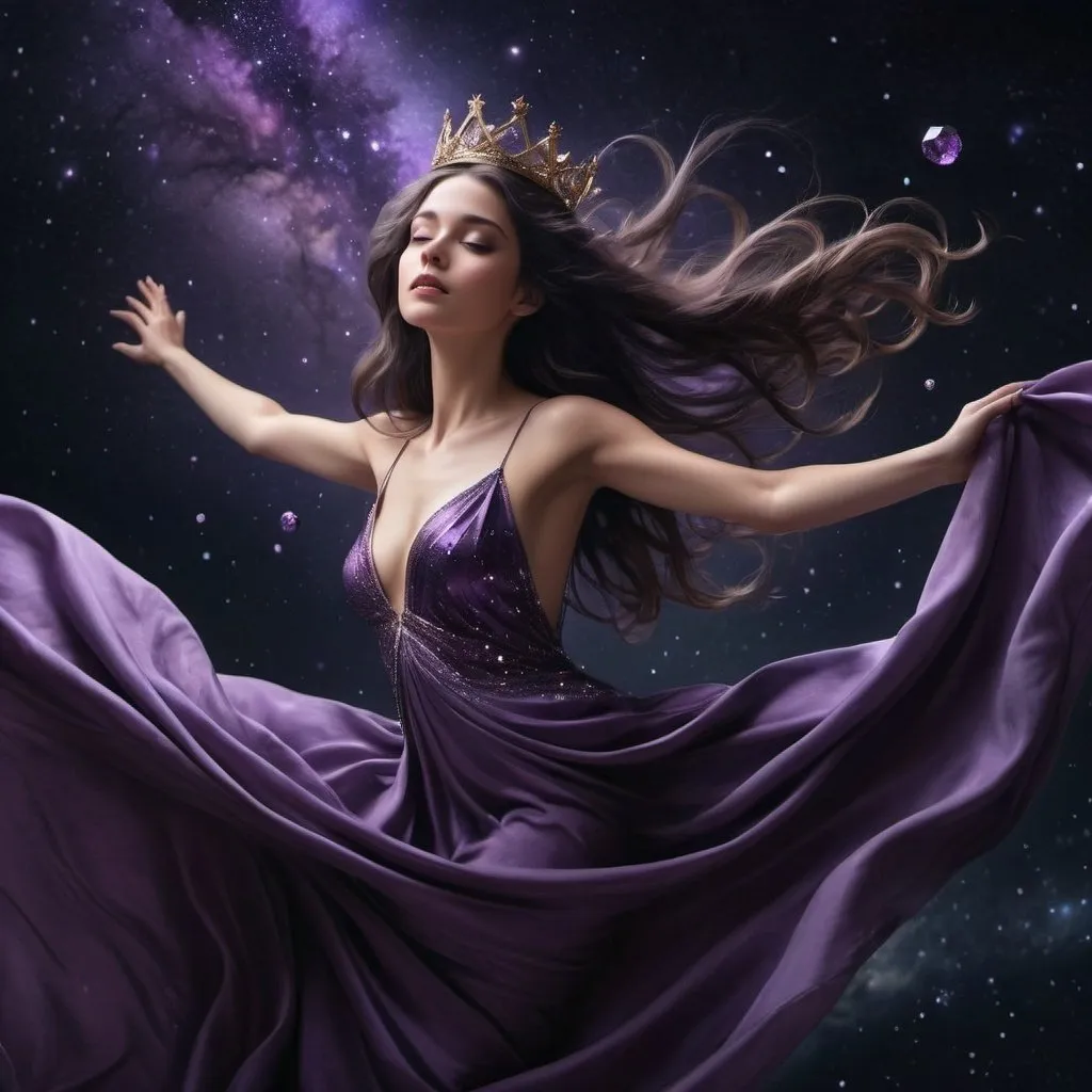 Prompt: An endless galaxy, purple night and brilliant stars, planets spinning in orbit in their systems. A woman falls through these heavens, her hands outstretched to catch something to stay her fall. Dark, lovely eyes and long, flowing hair, there are starlit gems in her crown. Her gown flows out, shimmering back in velvet folds of silk as she falls. Will anyone save her?