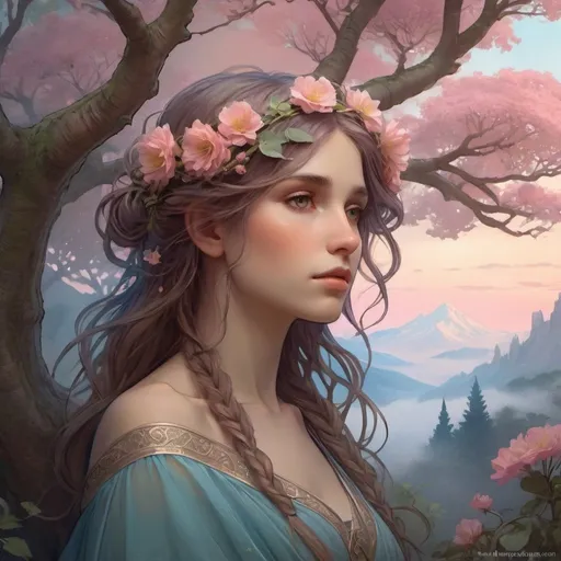 Prompt: Ethereal Eternity Tree, ancient garden, glowing Light of Eternity, lush foliage, vibrant flowers, melancholic ambiance, distant misty mountains, soft blue and pink sky, star-like blooms, fluttering leaves, light phantoms around roots, storybook essence, gentle and beautiful, magical and ethereal atmosphere, detailed and enchanting, warm and soft lighting, by a fusion of Alphonse Mucha and John William Waterhouse, Artstation.