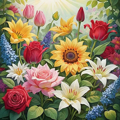 Prompt: Vibrant blooming garden, diverse array of flowers, roses, lilies, sunflowers, tulips, daisies, vibrant colors, delicate petals, intricate details, dewdrops on petals, green foliage, floral abundance, soft pastel hues, rich reds, pinks, yellows, whites, purples, blues, digital painting, hyper-realistic style, intricate brushwork, textured details, natural lighting, warm sunlight filtering through leaves, artistic interpretation, by Georgia O'Keeffe, Behance.