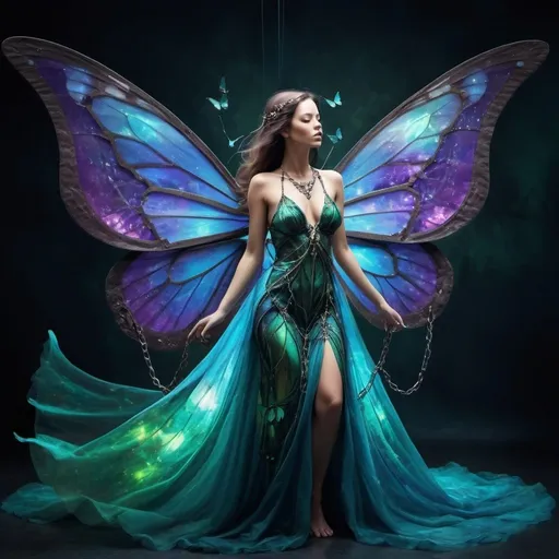 Prompt: Metamorphosis: magical change. A woman, dressed in a beautiful gown. She has butterfly wings that are slowly transforming into chains, that ensnare her. Time and space, shattered glass spinning in orbit around her in hues of blues and greens and purples. Deception, transformation. Betrayal.