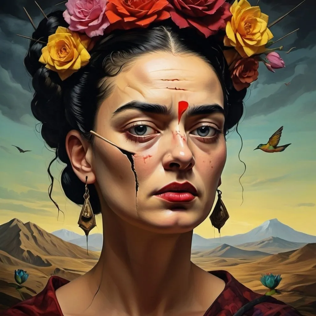 Prompt: Vivid emotional turmoil, shattered trust, deep introspection, inner struggles depicted, haunting past, scars as reminders, vulnerability, internal conflict, poetic inspiration, dark and light contrast, symbolic imagery, abstract representation, digital art, intricate details, intense color palette, dramatic lighting, shadows and highlights, by Salvador Dali and Frida Kahlo, Artstation.