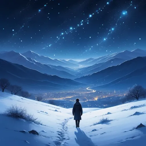 Prompt: Sparkling starlit night, snow-covered landscape, lone figure walking, distant city lights, vast open sky, constellations above, deep blue hues, icy white snow, serene and peaceful atmosphere, introspective mood, self-discovery journey, digital painting, high resolution, detailed snowflakes, cool color palette, soft moonlight, no figures besides the main character.