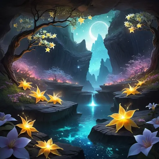 Prompt: Glowing star island, black rock terrain with light fissures, luminescent tree leaves, starfruit blossoms, deep canyon with glass starlight flowers, pixie nestled within petals, ethereal fantasy setting, enchanting atmosphere, magical landscape, surreal elements, vibrant colors, detailed illustration, intricate textures, mystical lighting, dreamlike ambiance.