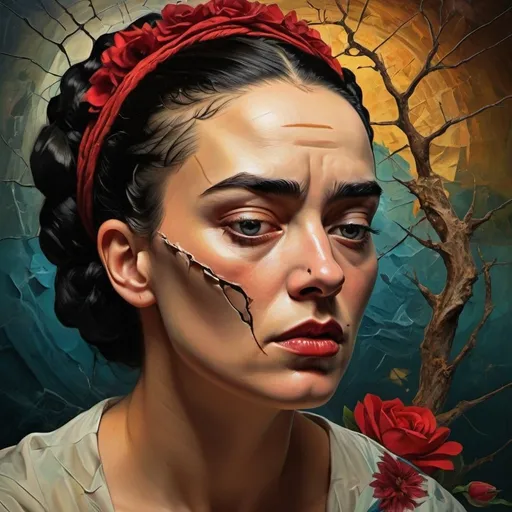 Prompt: Vivid emotional turmoil, shattered trust, deep introspection, inner struggles depicted, haunting past, scars as reminders, vulnerability, internal conflict, poetic inspiration, dark and light contrast, symbolic imagery, abstract representation, digital art, intricate details, intense color palette, dramatic lighting, shadows and highlights, by Salvador Dali and Frida Kahlo, Artstation.