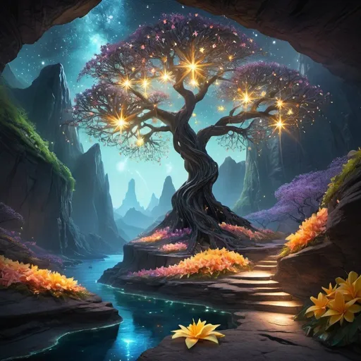 Prompt: Glowing star island, black rock terrain with light fissures, luminescent tree leaves, starfruit blossoms, deep canyon with glass starlight flowers, pixie nestled within petals, ethereal fantasy setting, enchanting atmosphere, magical landscape, surreal elements, vibrant colors, detailed illustration, intricate textures, mystical lighting, dreamlike ambiance.