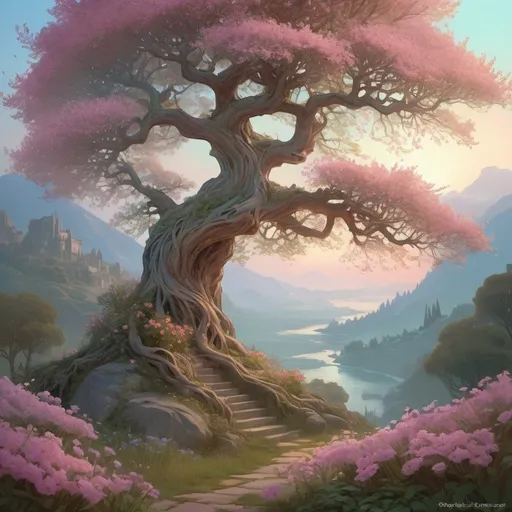 Prompt: Ethereal Eternity Tree, ancient garden, glowing Light of Eternity, lush foliage, vibrant flowers, melancholic ambiance, distant misty mountains, soft blue and pink sky, star-like blooms, fluttering leaves, light phantoms around roots, storybook essence, gentle and beautiful, magical and ethereal atmosphere, detailed and enchanting, warm and soft lighting, by a fusion of Alphonse Mucha and John William Waterhouse, Artstation.