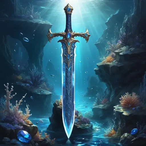 Prompt: Majestic fantasy sword, symbol of the sea king, ethereal and powerful, iridescent blue hues, translucent appearance, adorned with intricate blue gemstones, mystical aura, enchanting glow emanating from the sword, intricate hilt with a mesmerizing gemstone centerpiece, underwater setting, shimmering blue mist enveloping the surroundings, mythical and magical atmosphere, digital illustration, detailed and intricate design, captivating lighting effects, deep oceanic colors, ArtStation. Oil on canvas digital art