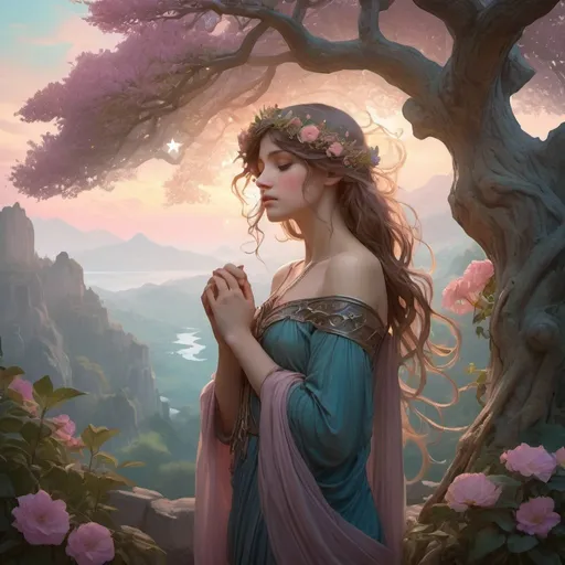 Prompt: Ethereal Eternity Tree, ancient garden, glowing Light of Eternity, lush foliage, vibrant flowers, melancholic ambiance, distant misty mountains, soft blue and pink sky, star-like blooms, fluttering leaves, light phantoms around roots, storybook essence, gentle and beautiful, magical and ethereal atmosphere, detailed and enchanting, warm and soft lighting, by a fusion of Alphonse Mucha and John William Waterhouse, Artstation.