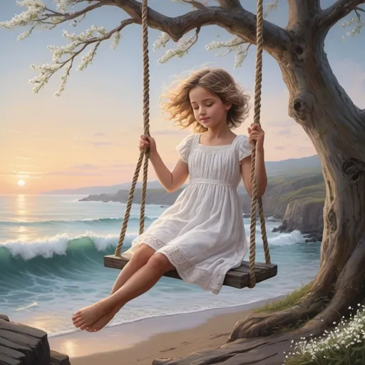 Prompt: Cliffs overlooking the seaside, dynamic waves crashing, rustic wooden fence lining the cliff edge, expansive ocean view with a distant horizon, sky painted with the colors of dawn, a solitary tree standing prominently with thick, twisting branches, a weathered swing gently swaying, an innocent child with ringlet hair and sparkling gray eyes, dressed in a flowing white homespun dress adorned with little white flowers, wild blooms scattered around, a charming woven rope swing hanging from a sturdy branch, capturing a moment of pure joy and innocence, detailed illustration blending realism with a touch of fantasy, vibrant and bright color palette bringing the scene to life, warm and inviting lighting enhancing the emotional connection