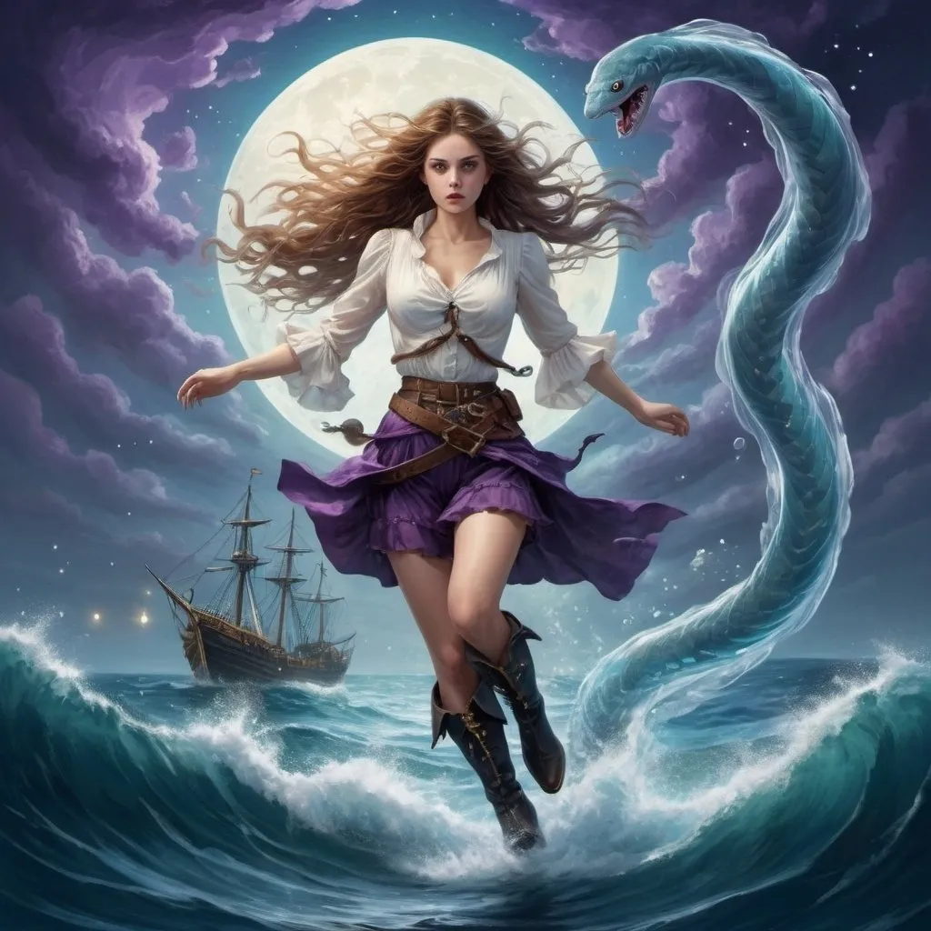 Prompt: There is a vast and beautiful sky over the sea. The night sky set over the stars. There is a skyship, belonging to the skypirates. Beautiful, detailed flag of purple. The skies are filled with spinning stars that dance over the radiant waves, that swirl about the borders of the image in iridescent blues and teals, luminescent and beautiful. In the waves, water spirits play, and fish swim below. The image should be like a fantasy image, something out of a storybook. About the borders of the image there is a serpent, long and swirling. In the very center, there is a woman falling from the skyship, her form suspended in air over the water. Her long brown locks flow out about her horrified, sad face as her blue eyes gaze upward and her white blouse billows out. She is wearing pirate britches and boots.