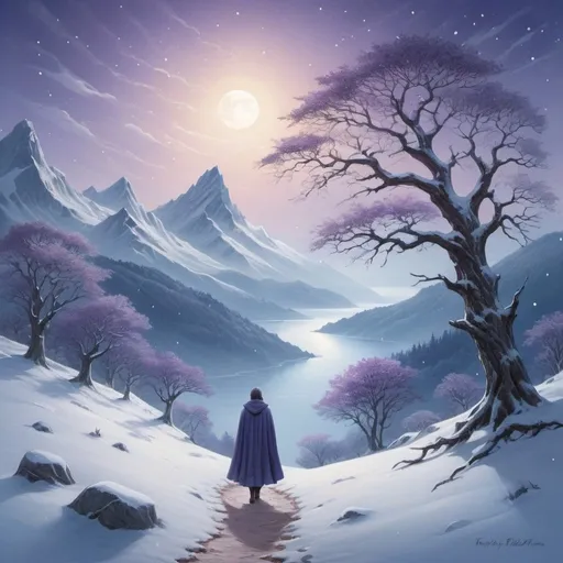 Prompt: A mystical winter landscape, snow-covered mountains, ancient towering trees, a lone figure in a cloak, winding path disappearing into the forest, falling snowflakes, fading light in the sky, silver moonlight, ethereal glow, serene atmosphere, distant sea visible, starlit sky, frost-covered branches, magical realism, soft color palette of blues, purples, and whites, gentle lighting casting long shadows, evoking a sense of mystery and adventure.