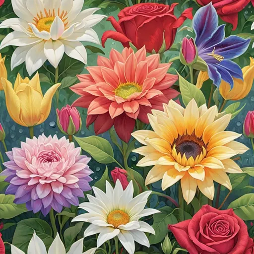 Prompt: Vibrant blooming garden, diverse array of flowers, roses, lilies, sunflowers, tulips, daisies, vibrant colors, delicate petals, intricate details, dewdrops on petals, green foliage, floral abundance, soft pastel hues, rich reds, pinks, yellows, whites, purples, blues, digital painting, hyper-realistic style, intricate brushwork, textured details, natural lighting, warm sunlight filtering through leaves, artistic interpretation, by Georgia O'Keeffe, Behance.