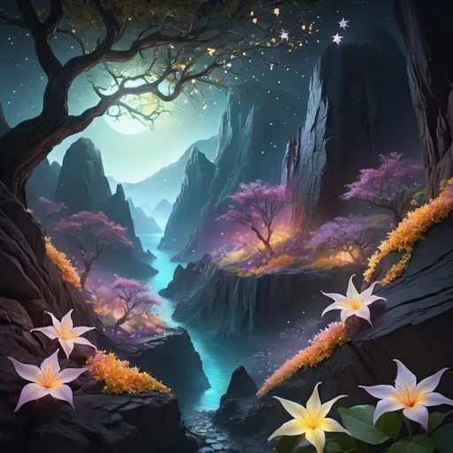 Prompt: Glowing star island, black rock terrain with light fissures, luminescent tree leaves, starfruit blossoms, deep canyon with glass starlight flowers, pixie nestled within petals, ethereal fantasy setting, enchanting atmosphere, magical landscape, surreal elements, vibrant colors, detailed illustration, intricate textures, mystical lighting, dreamlike ambiance.