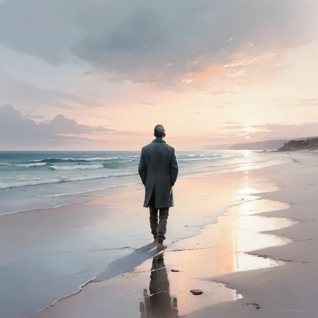 Prompt: Man walking along serene shore, woman gazing out window, sunrise lighting, reflective atmosphere, emotional connection, solitude, contemplation, ocean view, sandy beach, soft pastel colors, gentle waves, distant horizon, morning tranquility, introspective mood, deep emotions, storytelling composition, digital painting, realistic style, high detail, emotional depth, by Jeremy Mann and Agnes Cecile, Artstation.