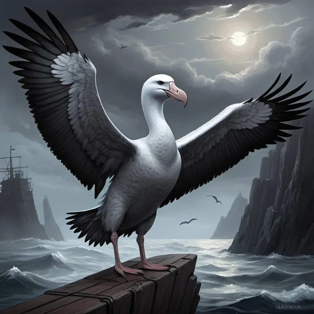 Prompt: Majestic albatross fantasy creature, smoky gray feathers, shadow-like wings, harbinger of doom, bearer of woe, eyes gleaming with wisdom and malevolence, haunting aura, sea and ship backdrop, terrified sailors, storybook illustration, enchanting and melancholic, tragic narrative, detailed digital artwork, acrylic painting inspiration, pencil sketch style, dark and mysterious color palette, eerie lighting effects, fantasy realism, emotional depth, ArtStation showcase.