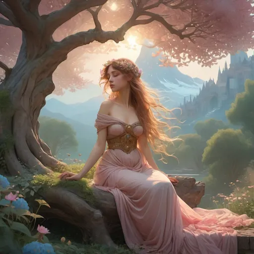 Prompt: Ethereal Eternity Tree, ancient garden, glowing Light of Eternity, lush foliage, vibrant flowers, melancholic ambiance, distant misty mountains, soft blue and pink sky, star-like blooms, fluttering leaves, light phantoms around roots, storybook essence, gentle and beautiful, magical and ethereal atmosphere, detailed and enchanting, warm and soft lighting, by a fusion of Alphonse Mucha and John William Waterhouse, Artstation.