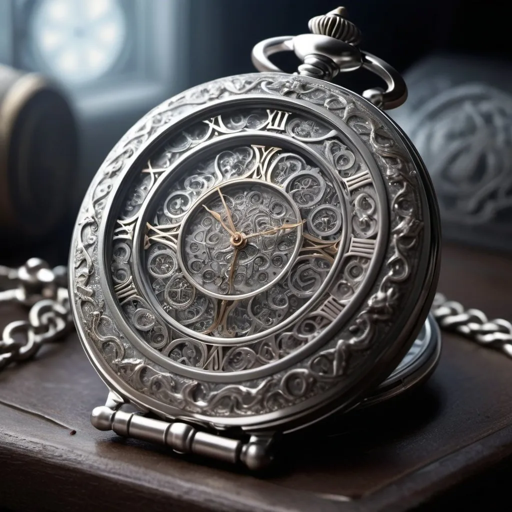 Prompt: Create an image of a beautifully crafted silver timepiece, left behind by a mysterious Silver Knight. The timepiece is an ornate pocket watch made entirely of silver, with intricate designs and symbols etched into its surface. The face of the watch has an ethereal glow, with faintly luminous hands and numbers that seem to shimmer with a magical light. The background of the watch face shows delicate patterns of intertwining worlds and dream-like landscapes, representing alternate realities. The silver case of the watch is adorned with the emblem of a knight’s crest and small, mystical runes that suggest protection and trust. The watch exudes a sense of timelessness and otherworldly magic, symbolizing the Silver Knight’s promise to always be there on time, guarding and guiding the girl through her journey across different realities.
