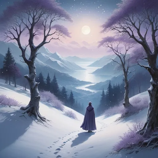 Prompt: A mystical winter landscape, snow-covered mountains, ancient towering trees, a lone figure in a cloak, winding path disappearing into the forest, falling snowflakes, fading light in the sky, silver moonlight, ethereal glow, serene atmosphere, distant sea visible, starlit sky, frost-covered branches, magical realism, soft color palette of blues, purples, and whites, gentle lighting casting long shadows, evoking a sense of mystery and adventure.